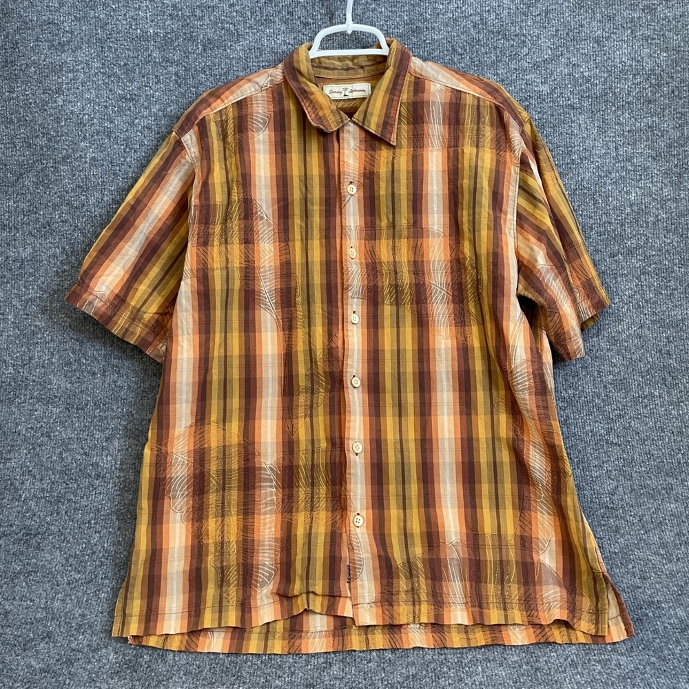 Tommy Bahama Cotton Shirt Mens L Striped Leaf Orange Camp Short Sleeve